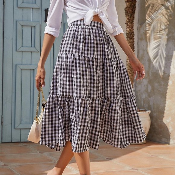 Gingham Ruffle Hem Flared Skirt - Picture 4 of 6